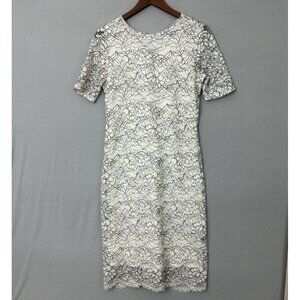 Sharagano Women’s Dress Sz 4 Short Sleeve Sheath White and Black Lace Chic Fem